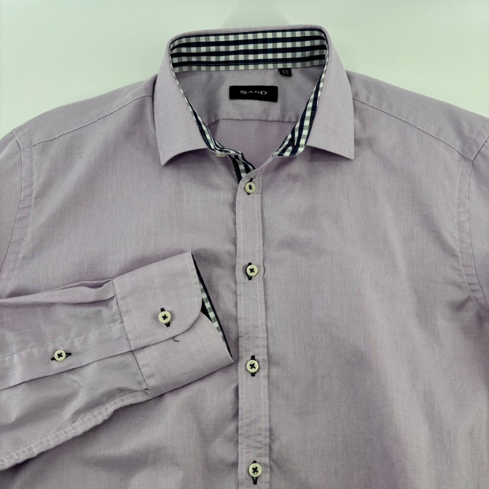Sand Copenhagen Button Down Shirt Mens 42 L Purple Gingham Trim Cotton Business